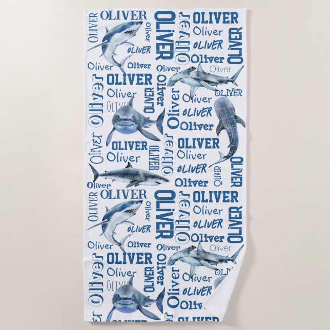Personalized boys name with sharks collage  beach towel (Front)