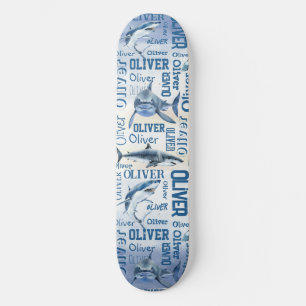 Personalized boys name with sharks collage skateboard