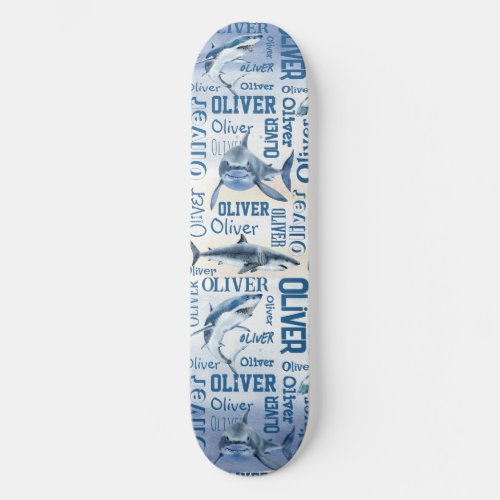 Personalized boys name with sharks collage  skateboard