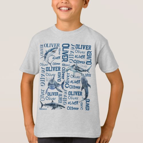 Personalized boys name with sharks collage T_Shirt