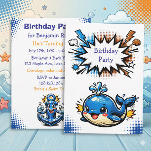 Personalized Boy's Nautical Whale  Birthday Party Invitation