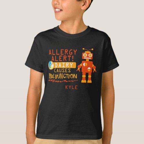 Personalized Boys Orange Robot Dairy Allergy Alert T_Shirt