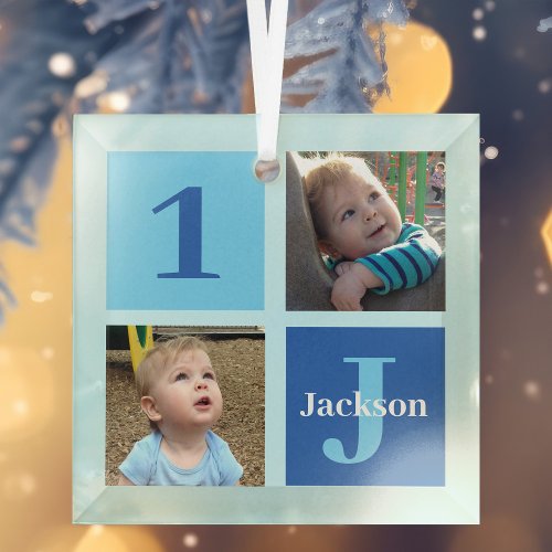 Personalized Boys Photo Collage Blue Christmas Glass Ornament