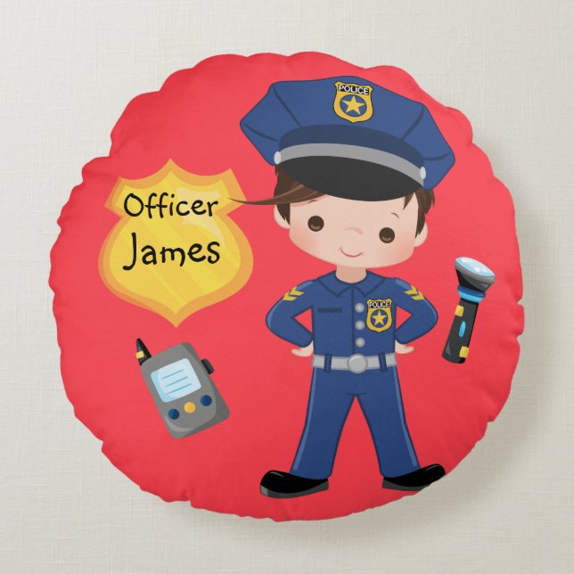Personalized Boys Police Officer Sirens Round Pillow (Front)