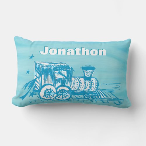 Personalized Boys Room Blue Choo Choo Train Lumbar Pillow