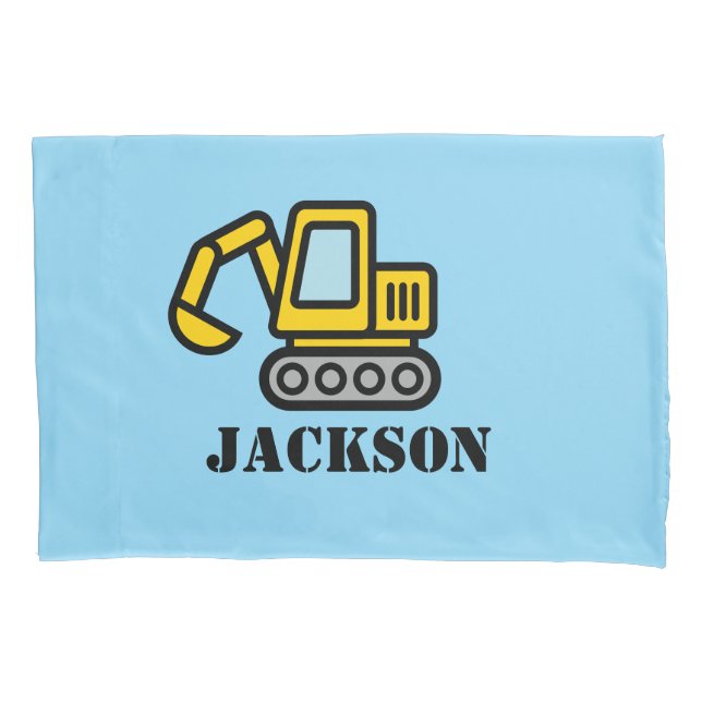 Personalized boy's room excavator pillow case (Front)