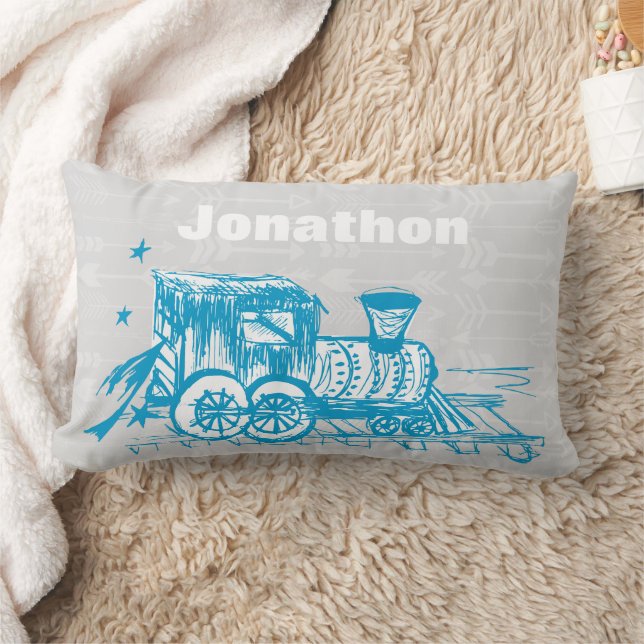 Personalized Boy's Room Gray Blue Choo Choo Train Lumbar Pillow (Blanket)