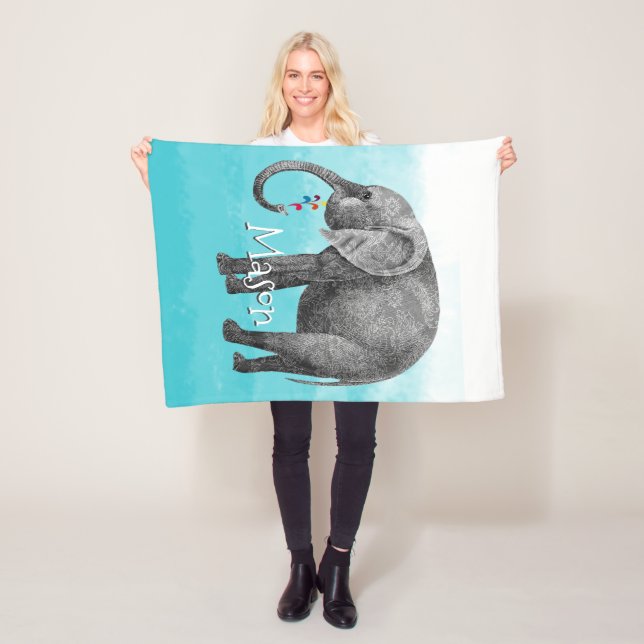 Personalized Boy's Room Pattern Elephant Fleece Blanket (In Situ)