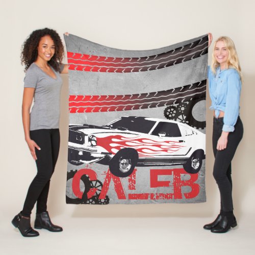 Personalized boys room racing sports car flames fleece blanket