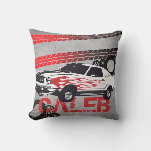 Personalized boys room racing sports car flames throw pillow