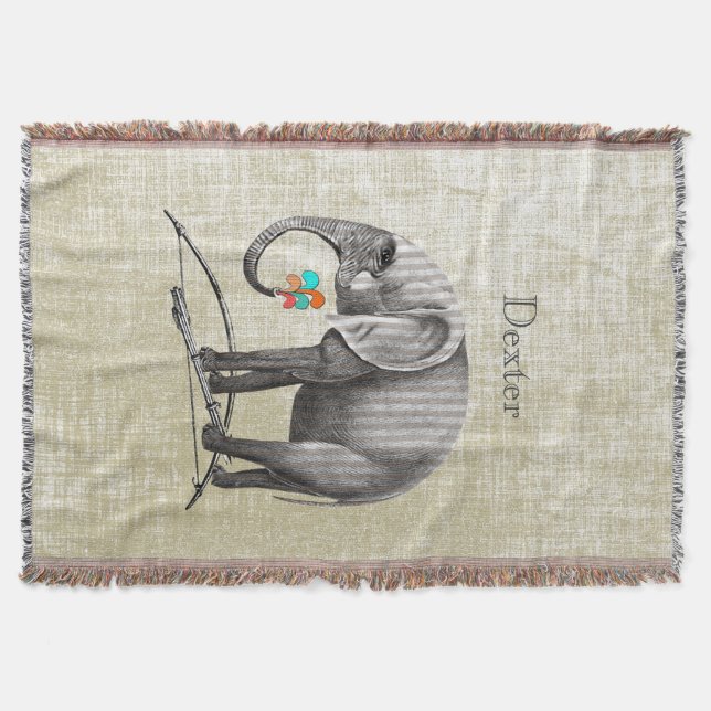Personalized Boy's Room Vintage Elephant Throw Blanket (Front)