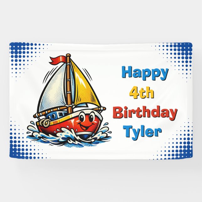 Personalized Boy's Sailboat Themed Birthday Party Banner (Horizontal)