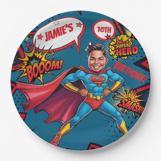 Personalized Boys’ Superhero Caricature  Paper Plates (Front)