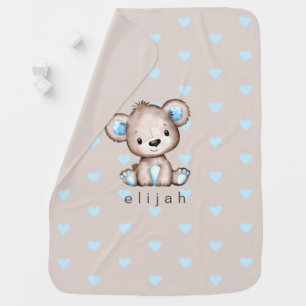 Personalized Boy's Teddy Bear Baby Blue Hearts Blanket