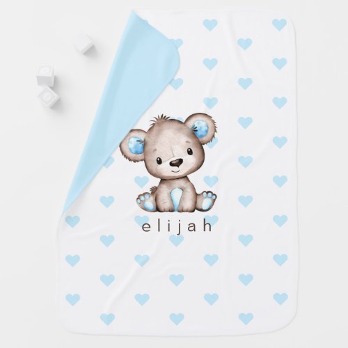 Personalized Boys Teddy Bear Blue Hearts White Baby Blanket