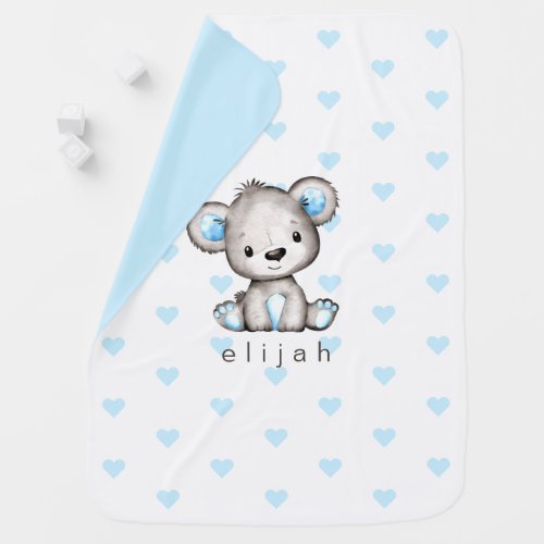 Personalized Boys Teddy Bear Hearts Pattern White Baby Blanket