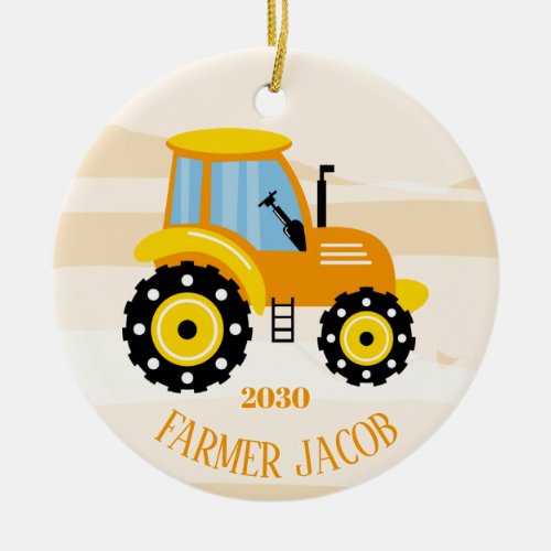 Personalized Boys Yellow Tractor Christmas   Ceramic Ornament