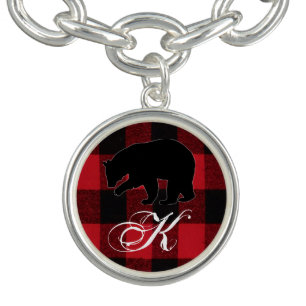 Personalized Bracelet Red Buffalo Plaid Bear Black