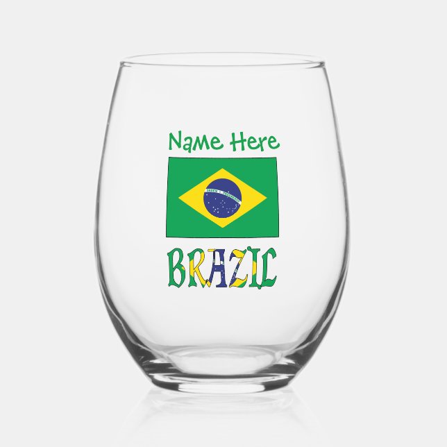 Personalized Brazil Flag Stemless Wine Glass (Front)