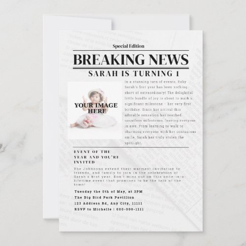 Personalized Breaking News Kid Birthday Party Invitation