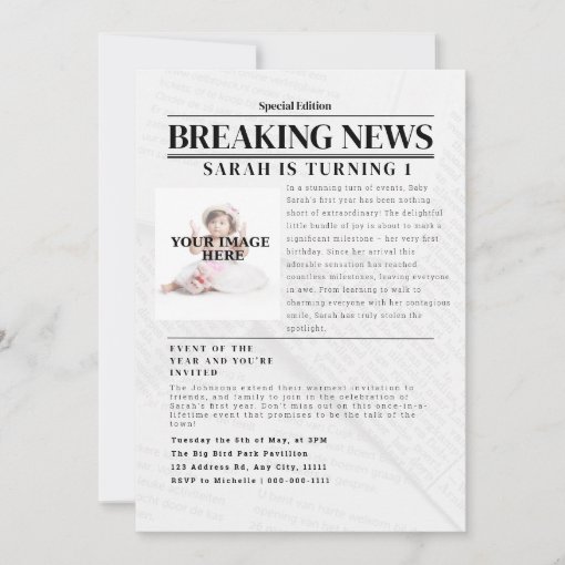 Personalized Breaking News Kid Birthday Party Invitation Zazzle