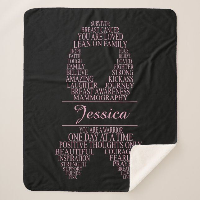 Personalized Breast Cancer Ribbon Black & Pink Sherpa Blanket (Front)