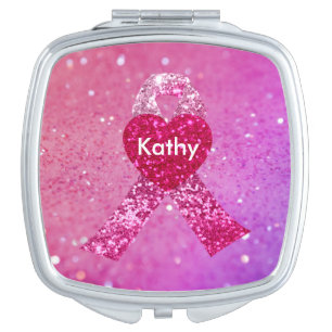 Personalized Breast Cancer Sparkle Pink Ribbon Mirror For Makeup