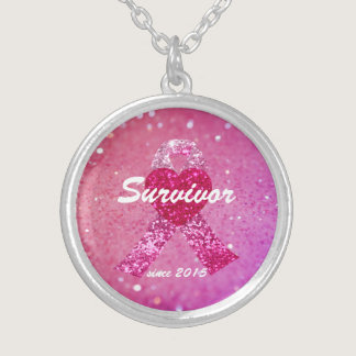 Personalized Breast Cancer Sparkle Pink Ribbon Silver Plated Necklace