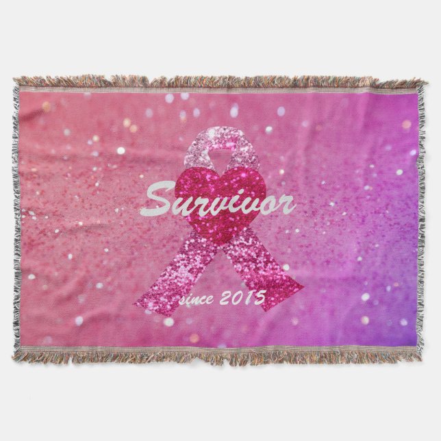 Personalized Breast Cancer Sparkle Pink Ribbon Throw Blanket (Front)
