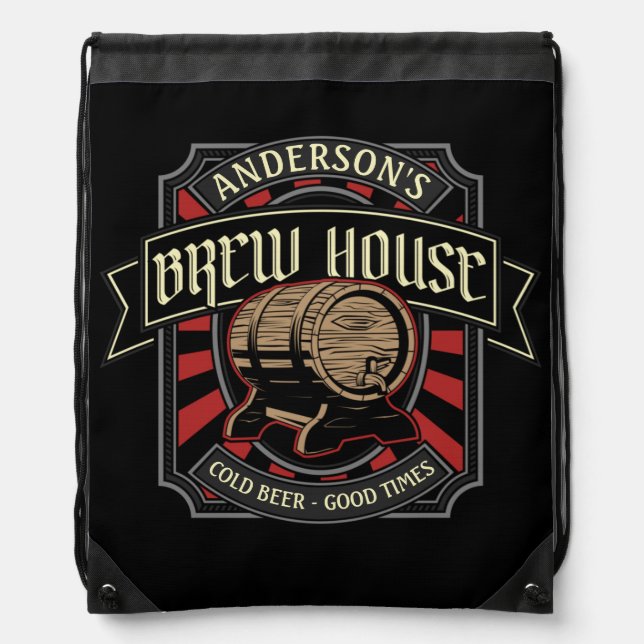Personalized Brew House Label Beer Brewing Bar Pub Drawstring Bag (Front)