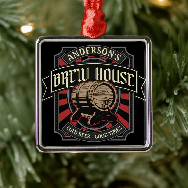 Personalized Brew House Label Beer Brewing Bar Pub Metal Ornament (Tree)