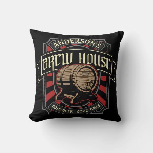 Personalized Brew House Label Beer Brewing Bar Pub Throw Pillow