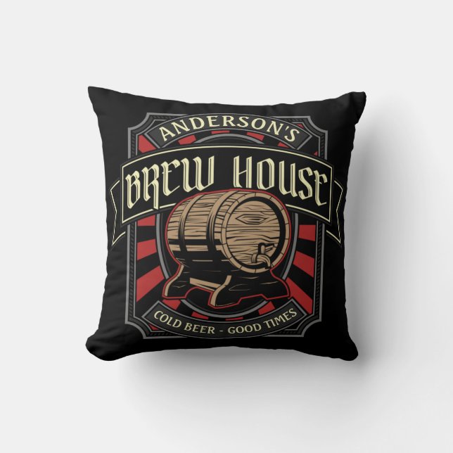 Personalized Brew House Label Beer Brewing Bar Pub Throw Pillow (Front)