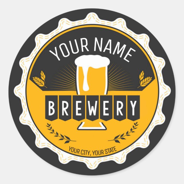 Personalized Brewery Beer Bottle Cap Bar  Classic Round Sticker (Front)