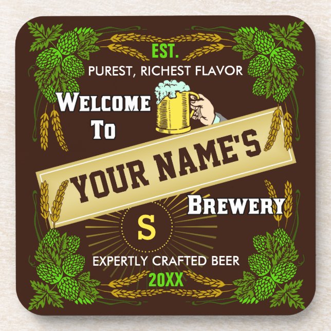 Personalized Brewery Welcome: Hops Barley Beer Coaster (Front)