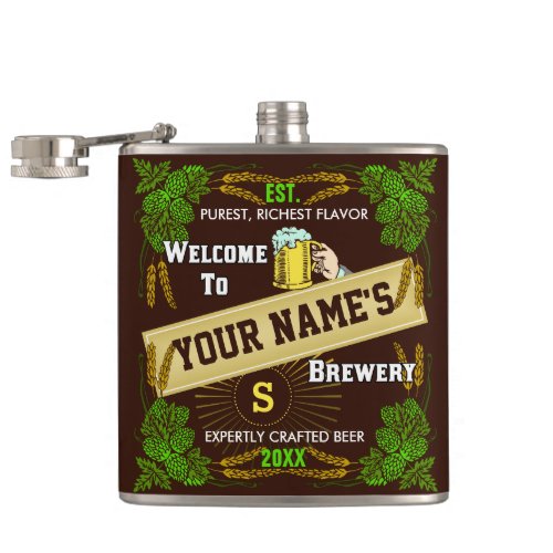 Personalized Brewery Welcome Hops Barley Beer Flask