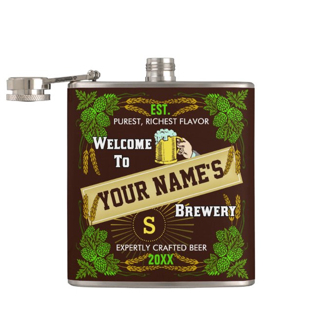 Personalized Brewery Welcome: Hops Barley Beer Flask (Opened)