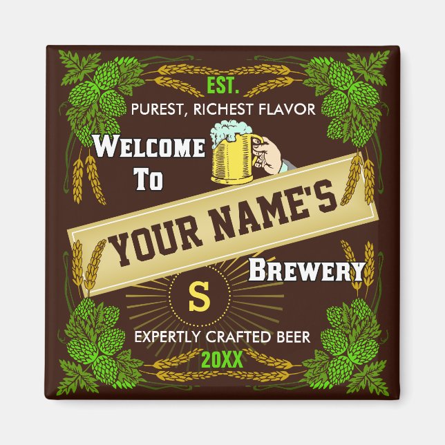 Personalized Brewery Welcome: Hops Barley Beer Magnet (Front)