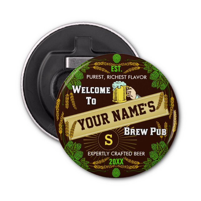 Personalized Brewpub Welcome: Hops Barley Beer Bottle Opener (Front)