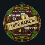 Personalized Brewpub Welcome: Hops Barley Beer Dart Board<br><div class="desc">Create your own extra-fancy custom brewpub dartboard using this beautiful and original template design. The dartboard is edged in an ornate hops and barley border, along with a beer mug graphic, a star burst effect and a central banner. The game board says, "Welcome to [your name]'s Brew Pub." Then there's...</div>