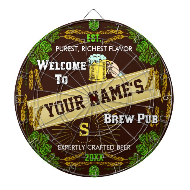Personalized Brewpub Welcome: Hops Barley Beer Dart Board (Front)