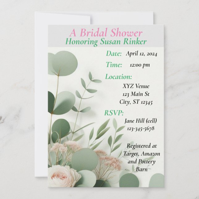 Personalized Bridal Shower, Floral Invitation (Front)