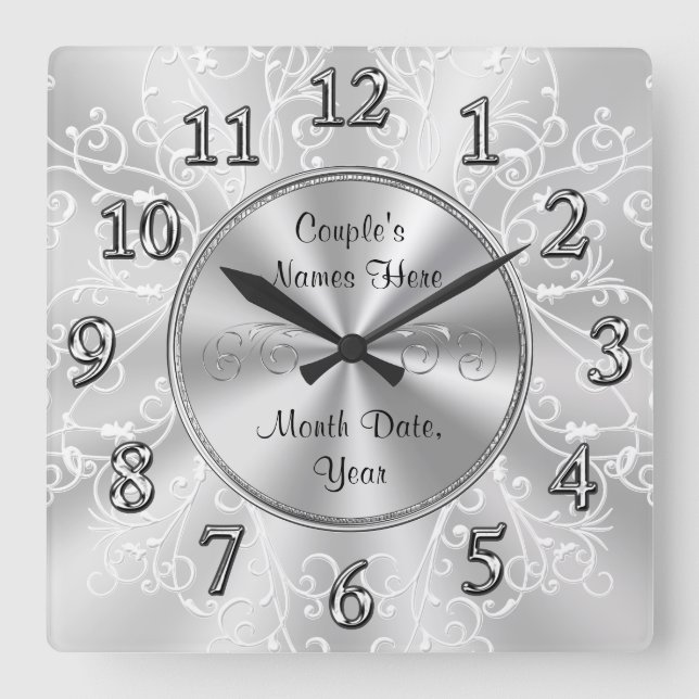 Personalized Bridal Shower Gifts, Silver Gray Square Wall Clock (Front)