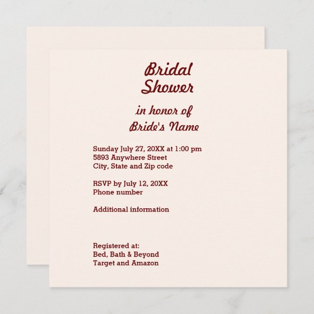 Personalized Bridal Shower Invitation Square Card (Front/Back)