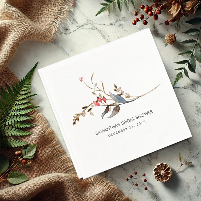 Personalized Bridal Shower Napkins Decorative (Rustic cocktail napkins watercolor twigs and berries personalized)