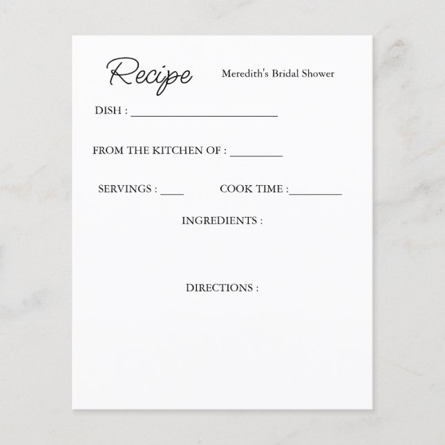 Personalized Bridal Shower Recipe Card (Front)