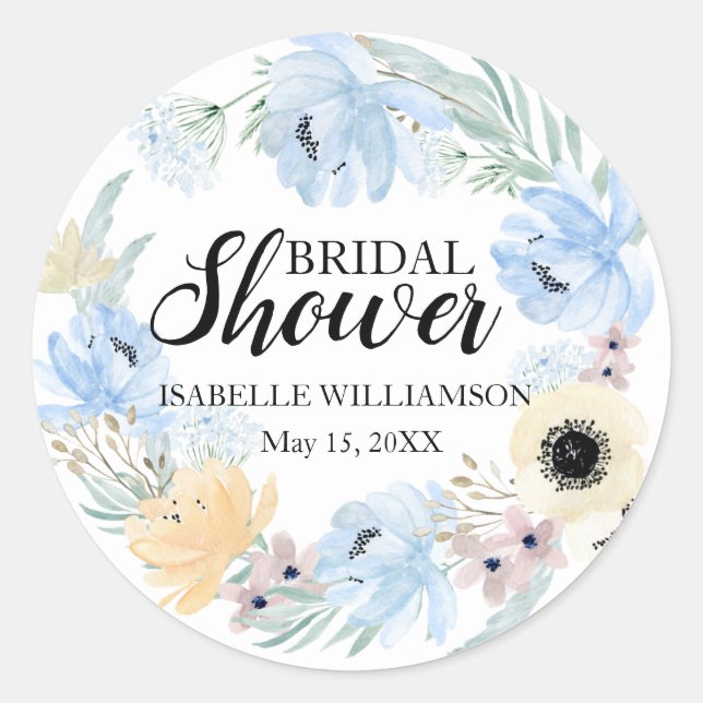 Personalized Bridal Shower Sticker, Blue Flowers Classic Round Sticker (Front)
