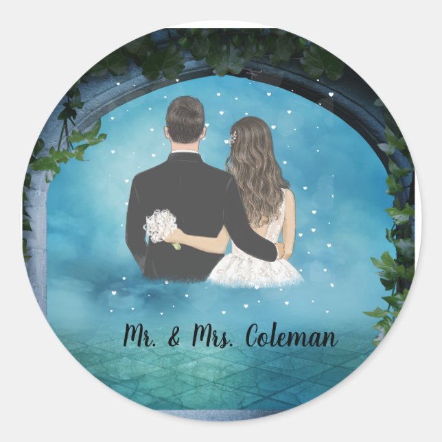 Personalized Bride and Groom  Classic Round Sticker (Front)