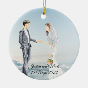 Personalized Bride and Groom on the Clouds Wedding Ceramic Ornament