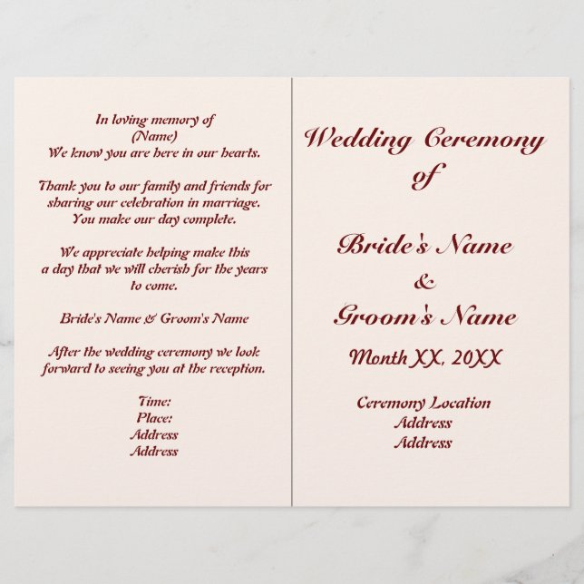 Personalized Bride and Groom Wedding Program Flyer (Front)